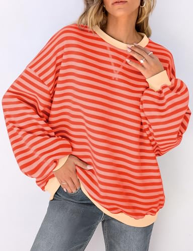 Image of UEU Women Oversized Striped Crewneck Sweatshirt Long Sleeve Color Block Pullover Tops Casual Loose Workout Shirt