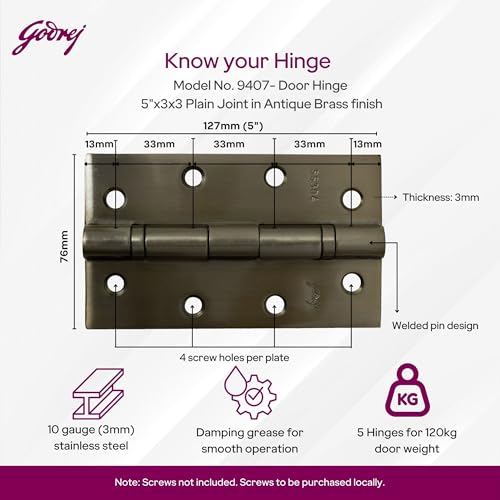 Image of Godrej Door Fittings | 5 inch X 10 Gauge 2 Ball Bearing Door Butt Hinges (Pack of 1, 2 Pcs /Pack) | Antique Brass Finish, Smooth Operation | 4 Holes Kabza for Heavy Duty Doors | 1 Yr Warranty