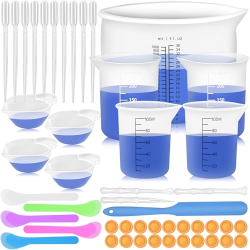 Artcome Silicone Resin Measuring Cups Tool Kit - 1000ml, 250ml, 100ml Measuring Cups, 15ml Epoxy Cups, Stir Sticks, Spoon, Pipettes, Finger Cots for Epoxy Resin Mixing, Molds, Jewelry Making, Waxing