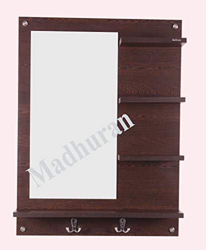Image of Madhuran Blejaa Engineered Wood Wall Mounted Dressing Mirror with Storage Shelf | Rectangular Bathroom Wash Basin Vanity Mirror for Bedroom, Living Room & Makeup Area | 60 x 80 cm | Wenge
