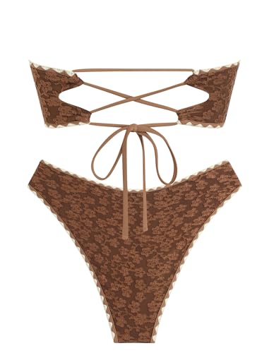 Image of ZAFUL Women's High Cut Bandeau Bikini Set Strapless Solid Color 2 Pieces Bathing Suit Swimsuit