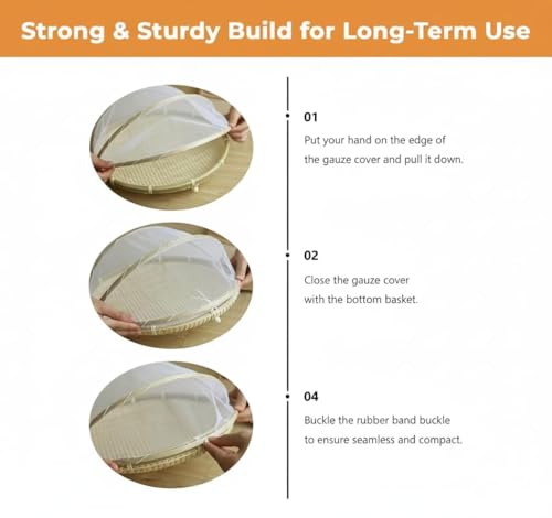 Image of Bamboo Tent Basket Food Serving, Mesh Cover, Hand Woven Insect Bug Proof, Dustproof Fruit Vegetable Bread Storage Container for Picnic, Outdoor, Home Drying