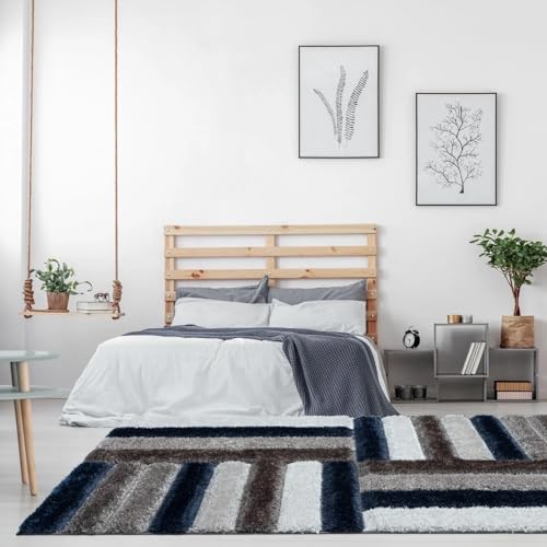 Image of Carpets for Living Room 6 x 9 Feet Soft Smooth Thick Non-Slip Fluffy Shaggy Area Rug for Bedroom, Drawing, Kids Room, Office with Upto 2 Inch Microfiber High Pile (Blue White A)