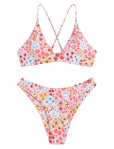 Image of ZAFUL Women's Tie Back Padded High Cut Bralette Bikini Set Two Piece Swimsuit
