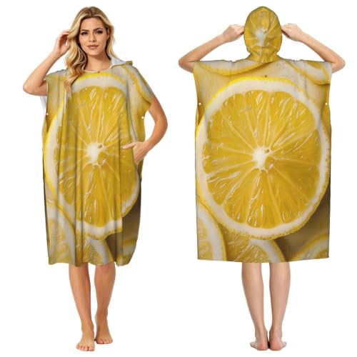 BEIVGOXL Yellow Lemon Printed Quick Dry Surf Poncho Hooded Beach Towel