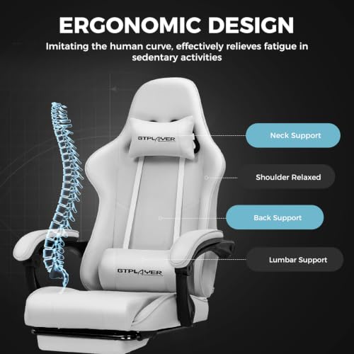 Image of GTPLAYER Gaming Chair, Computer Chair with Footrest and Lumbar Support, Height Adjustable Game Chair with 360-Swivel Seat and Headrest and for Office or Gaming (All Light Gray-Fabric)
