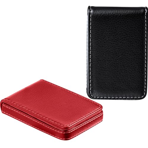 Image of Outus 2 Pcs Business Card Holder, PU Leather Business Card Case Pocket Wallet with Magnetic Shut for Men Women(Black and Red,Classic)