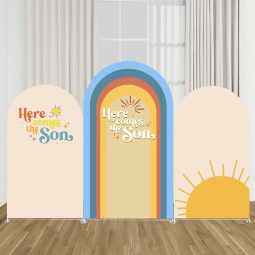 KONPON Beige Here Comes The Son Theme Backdrop Arched Fabric Cover Retro Sunshine Stretchy Arch Stand Cover for Baby Shower Party Decoration Supplies(Only Cover No Stand!) by KONPON - Used condition - Image 4