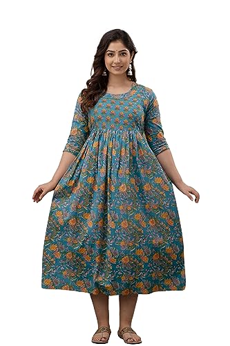 Image of The Moon Star Women's Cotton Floral Printed Anarkali Maternity Feeding Kurti | Breastfeeding Dress for Mothers | Zipper Feeding Kurti, Nursing Kurti, Comfortable and Trendy Maternity Wear