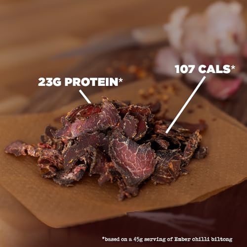 Ember Beef Biltong Chilli 250g - High Protein Meat Jerky Snack - Ready to Eat, Low Fat, No Added Sugar, Keto, No Artificial Colours or Flavours - Box of 10 x 25g Packs from a Family-Run UK Business