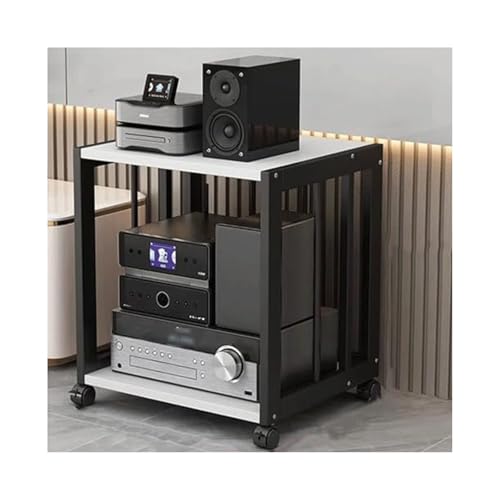 Moderno estante de audio HiFi – Soporte multimedia ajustable de 2 niveles con ruedas – Consola de madera blanca móvil para almacenamiento de equipos de juegos y AV – Elegante solución de audio para el