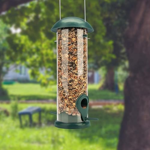 WILDLIFE FRIEND 20 cm Vogelfutterspender - Körnerfutterstation aus Kunststoff mit Zwei Anflugplätzen - Futtersäule zum Aufhängen für Wildvögel - Futterhaus für Ganzjährige Verwendung - Grün