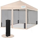 Quictent 8x8 Ft Easy Pop up Canopy with Netting Screen House Tent Instant Set up, Roller Bag & 4 Sand Bags Included (Tan)