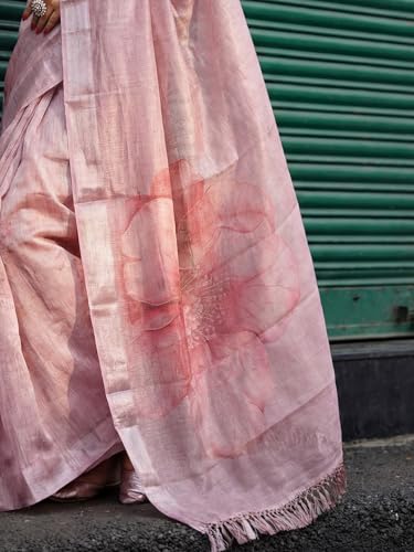 Image of AKHILAM Women's Floral Printed Handloom Cotton Silk Saree with Zari Border and Tassel Pallu Unstitched Blouse Piece | Traditional Ethnic Wear Sarees | Women saree silk | Festive Sari Women's