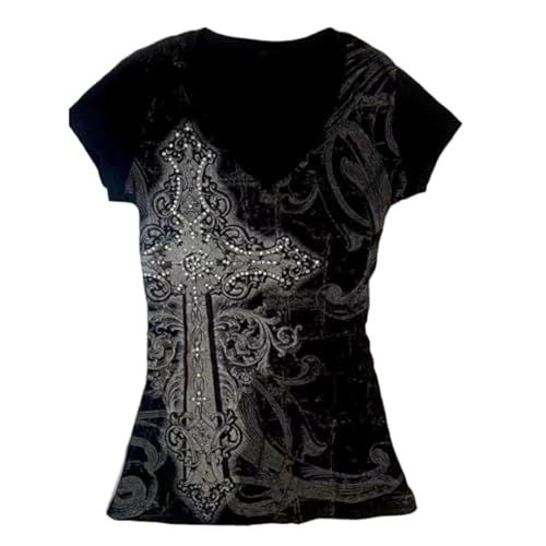 Camisetas de manga corta para mujer, estilo gótico, punk, gótico, para adolescentes, ropa de calle, verano, estilo vintage de los años 2000, Negro y plateado., S