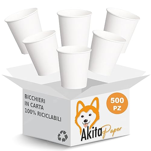 AKITAInk 500 pz Bicchieri Monouso in Carta Bianco da 200 ml Bicchiere compostabile biodegradabile di carta per Te', Caffè, Bevande calde, Acqua anche Asporto e Feste (BIANCO, 500)