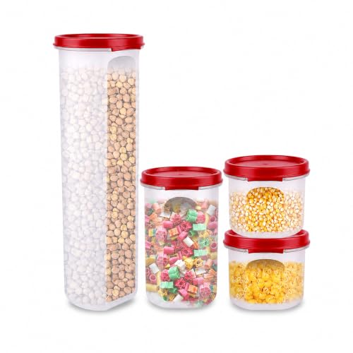 Image of Cutting EDGE Smart Slim Storage Airtight Container-Red,Set of 4 | Plastic material, size - 1.1L+585ml+2x250ml , pantry organization, pulses storage, grains storage, kitchen Storage
