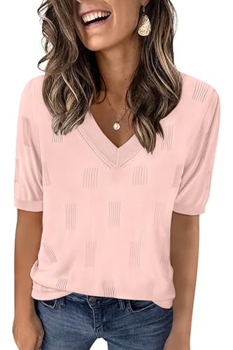 Image of Yincro Womens Short Sleeve Sweaters Fall Summer Tops V Neck Lightweight Knit Pullovers