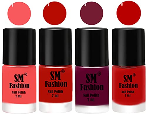 Image of Nail Polish Combo Set (Pack of 4) Quick Dry Gel Finish Nail Paint | Light Pink,Red Orange,Mulberry,Red | 7 ml Each