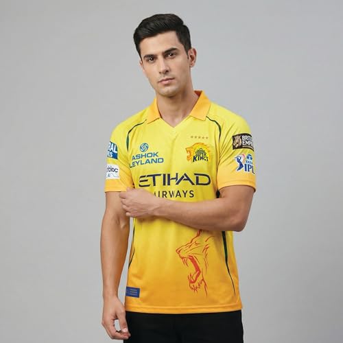 Image of playR x Chennai Super Kings Original Match Jersey IPL 2026 - Adult Plain Half Sleeve CSK Cricket T-Shirt, Regular Fit Sportswear Tee for Training, Outdoor & Match Day Activewear for All Season