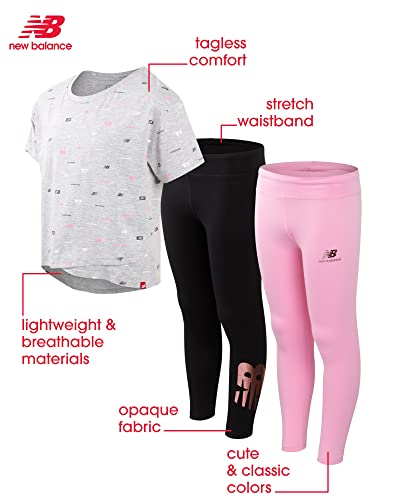 New Balance Girls? Active Leggings Set ? 3 Piece T-Shirt, And Leggings Activewear Set, Size 10-12, Grey/Black Pink #TOP1