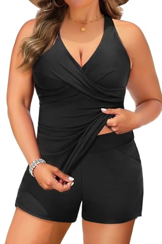 Daci Plus Size Tankini Swimsuit for Women - Two Piece Tummy Control Bathing Suit Tankini Top with Two Pockets Shorts