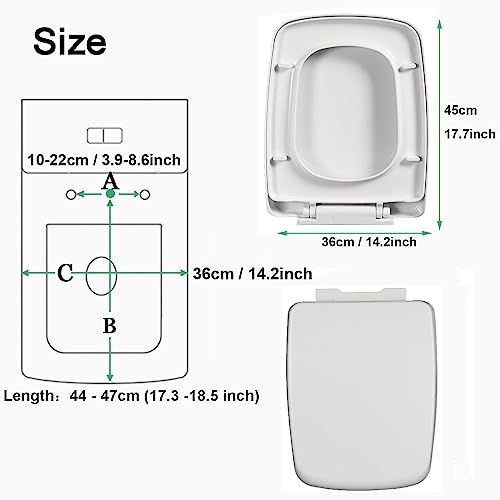 Asiento de inodoro cuadrado blanco de cierre suave con bisagras ajustables de liberación rápida, forma rectangular para una fácil limpieza, diseño Top Fix 03b (blanco 06b)