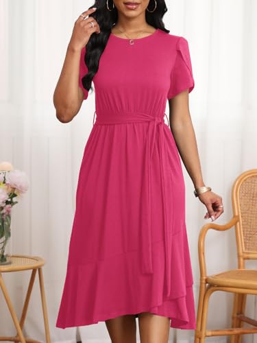 Image of PerZeal Women's Summer Dress Casual Ruffle Sleeve Crewneck A-Line Tiered Flowy Short Sleeve Long Dress with Belt