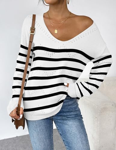 Image of Zeagoo Womens Sweaters Fall Trendy Casual Long Sleeve Shirt Lightweight V Neck Off Shoulder Crochet Pullover Top Outfit