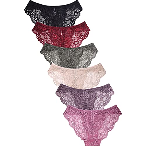 247 Frenzy Women's Essentials Pack of 6 Nylon Spandex Sexy Allover Lace Bikini Panty Underwear LP9063LK (Medium)