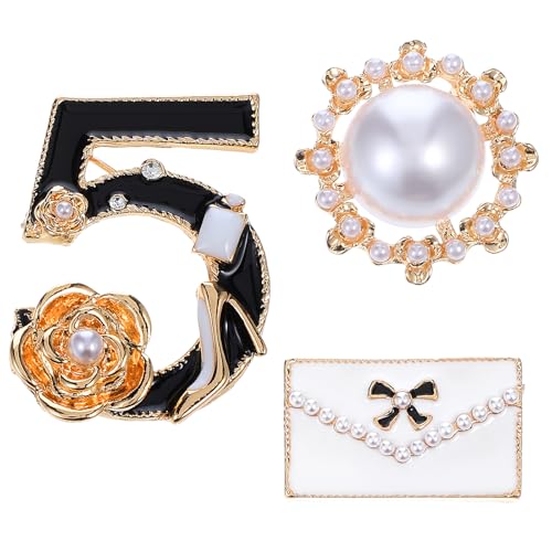 Image of Number Five Brooch, Celebrity Designer Inspired Flower Brooch Pin Gift Set, Lucky Number Five Brooches with Imitation Pearl Vintage Imitating Pearl Rhinestone Crystal Brooch Pin for Women for Wedding