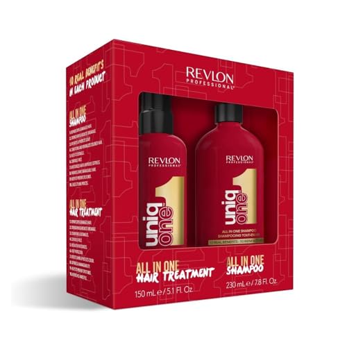 REVLON PROFESSIONAL UniqOne Duo Pack, Protector Térmico Pelo, Desenredante, Tratamiento 10 en 1 Sin Aclarado, 150 ml + Champú Acondicionador Hidratante, Repara Cabello Seco y Dañado, 230 ml