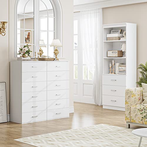 Fotosok 71 Inches Tall Storage Cabinet, Bookcase With 3 Drawers And 3-Tier Open Shelves, Wooden Bookshelf Storage Organizer For Living Room, Study, Kitchen, Home Office, White thumb #4
