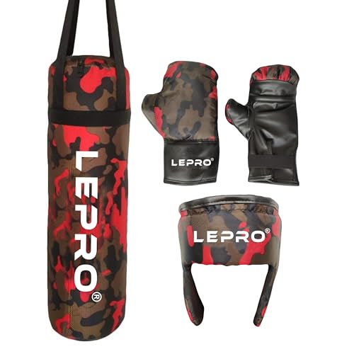 Image of LEPRO Kids Boxing Kit, Kids Punching Bag Set, Hanging Boxing Bag with Boxing Gloves & Headgear, Kids Boxing Set for 2-8 Years for Karate Muay Thai Kick Taekwondo Training (Camo Red)
