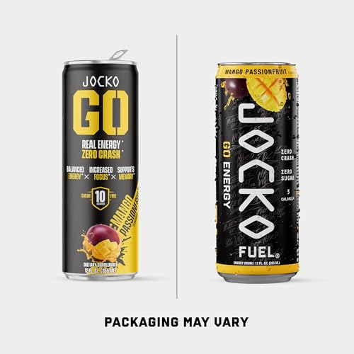 Image of Jocko Fuel GO Energy Drinks, Mango Passionfruit - 95mg Caffeine with Added Adaptogens, Vitamin B12 & B6, & L Theanine for Mood & Focus Support, No Sugar, 12 Pack - Packaging May Vary