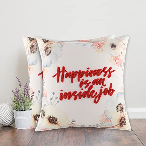 Image of Home-The Best is for You Reversible Floral Printed and Embroidered Cushion Cover 16 Inch X 16 Inch Pack of 2 (White::Red, 2)