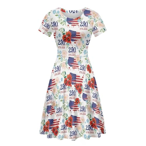 Image of POLERO Women Puffy Swing Elegant Party Midi Dresses Short Sleeve Round Neck A-Line Dress