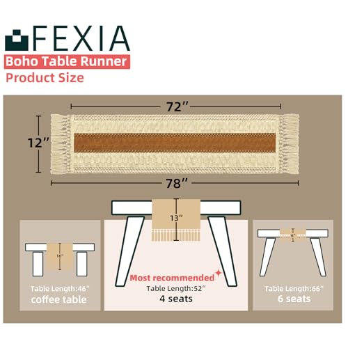 Image of FEXIA Boho Table Runner 72 Inches Long Macrame Summer Decor Coffee Table Cover Farmhouse Stylewith Tassels for Party Bohemian Rustic Wedding Bridal Shower Dining Room Middle Brown (12x72 Inches)
