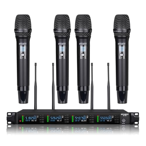 STABCL Professional 4 Channel Wireless Microphones System Auto Scan, UHF 4 x 50 Channel Metal Handheld Dynamic Cordless Microphone Set, 300Ft Range, Wireless Mics for Singing,Karaoke,Church and Dj