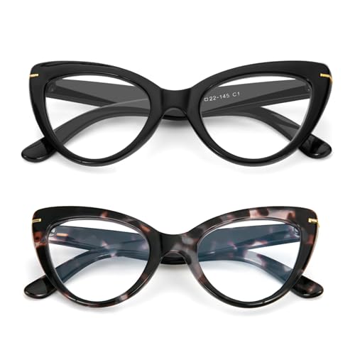 Kodilin Confezione da 2 Occhiali da Lettura Cat Eye Donna con Occhio di Gatto - Occhiali anti-blu Comodi e Alla Moda Grande Nero+tartaruga grigio 2.0