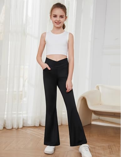 Zaclotre Girls Flare Leggings High Waisted V Crossover Casual Yoga Bell Bottoms with Pockets Pants for Kid2