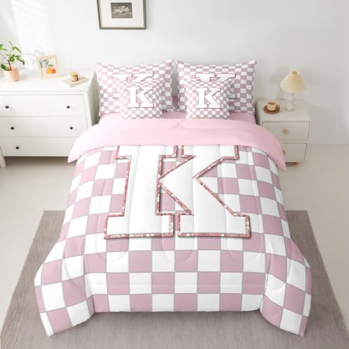 Image of Erosebridal Pink Initial K Queen Bedding Set 7 Piece Kawaii Plaid Checkered Bed in A Bag with Sheets Cute Personalized Monogram Comforter Set for Kids Girls Teen Women,Fashion Grids Gingham Bed Sets