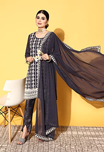 Image of LYMI LABEL Kurta Set For Women - Georgette Chikankari Sequence Straight Kurta With Bottom Set with Matching Dupatta for Ethnic, Fusion Wear