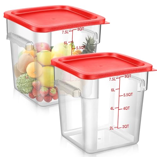 Image of Suclain 2 Pcs Square Food Storage Container Polycarbonate Clear Food Container with Lid Commercial Rice Storage with Graduations for Commercial Kitchen(8 Qt,Red)