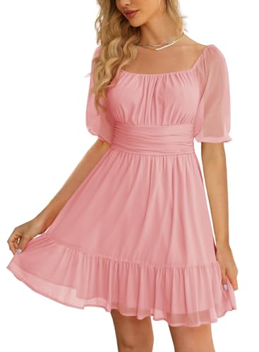 Image of Wenrine Womens Puff Short Sleeve Mini Dress Mesh Square Neck High Waist Ruffle Hem Flowy Party A Line Dress