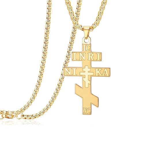EUEAVAN Collier croix orthodoxe russe IC XC NIKA Croix orientale Pendentif Jésus-Christ Amulette grecque byzantine Bijoux religieux rétro chrétiens Cadeau catholique (or 1)