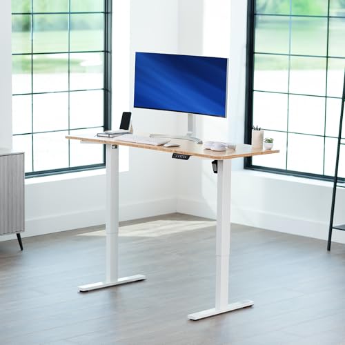 Image of VIVO Real Bamboo 60 x 24 in Standing Desk, DESK-KIT-1W6O | Electric, Holds 220 lbs, Sit Stand, Height Adjustable, Solid One-Piece Table Top, Memory Presets, 1B Series, White Frame