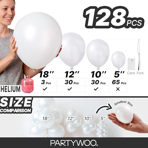Image of PartyWoo Pearl White Balloons 128pcs Different Sizes Pack of 18 12 10 5 Inch Metallic White Latex Balloon Arch Kit Garland for Wedding Graduation Baby Shower Birthday Party Decorations White-Z30