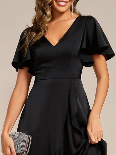 Image of Ever-Pretty Women's V Neck Satin Short Sleeve A Line Hi-Lo Midi Asymmetry Hem Bridesmaid Dress 02318