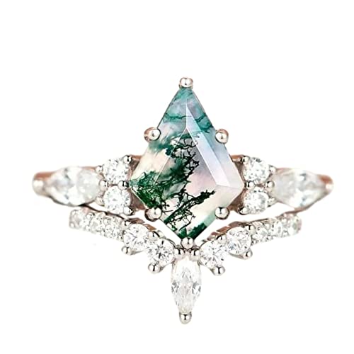 Moss Agate Ring Set Kite Cut Moss Agate and Moissanite Engagement Ring for Women 925 Sterling Silver Moss Agate Wedding Ring for Her Free Engraving